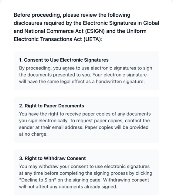DocRunner electronic signature disclosure shown to signers before signing