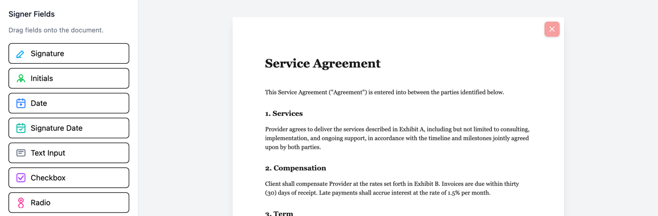 DocRunner field editor with signer fields beside a Service Agreement PDF