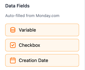DocRunner data fields panel with Variable, Checkbox and Creation Date