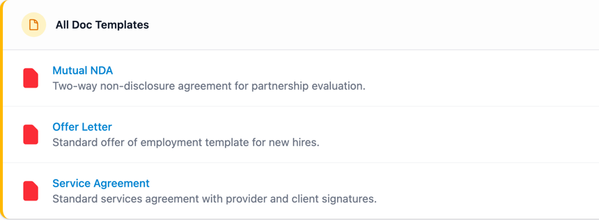DocRunner Doc Templates list showing Mutual NDA, Offer Letter and Service Agreement