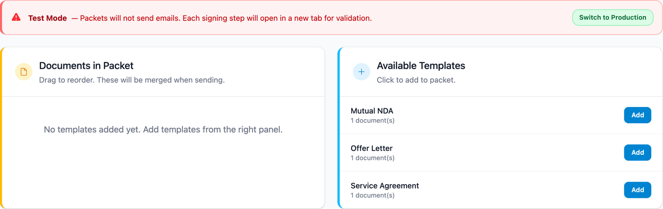 DocRunner packet template in test mode with available templates to add